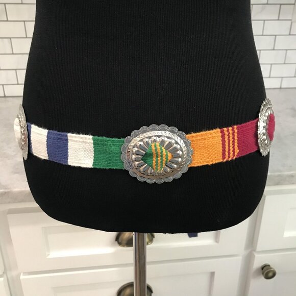 Southwestern Concho Belt Womens Multicolor Woven Sash Silver Tone Boho Western - Picture 4 of 6